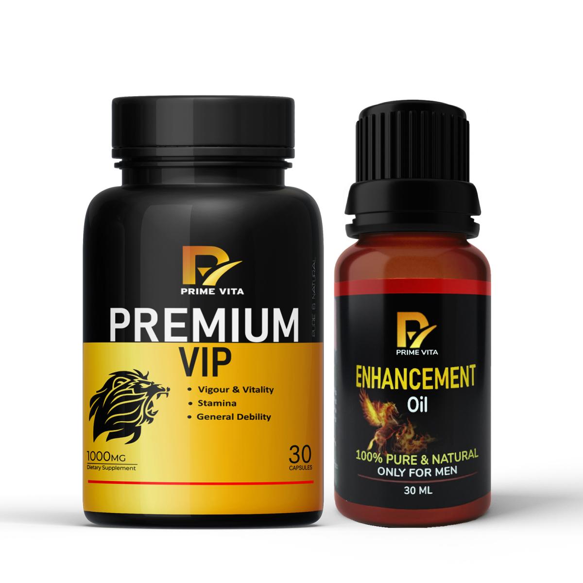 PRIMEVITA PREMIUM VIP Combo for Men | 30 Capsules (1000mg) + Herbal Massage Oil 30ml | Ayurvedic Vitality & Stamina Booster