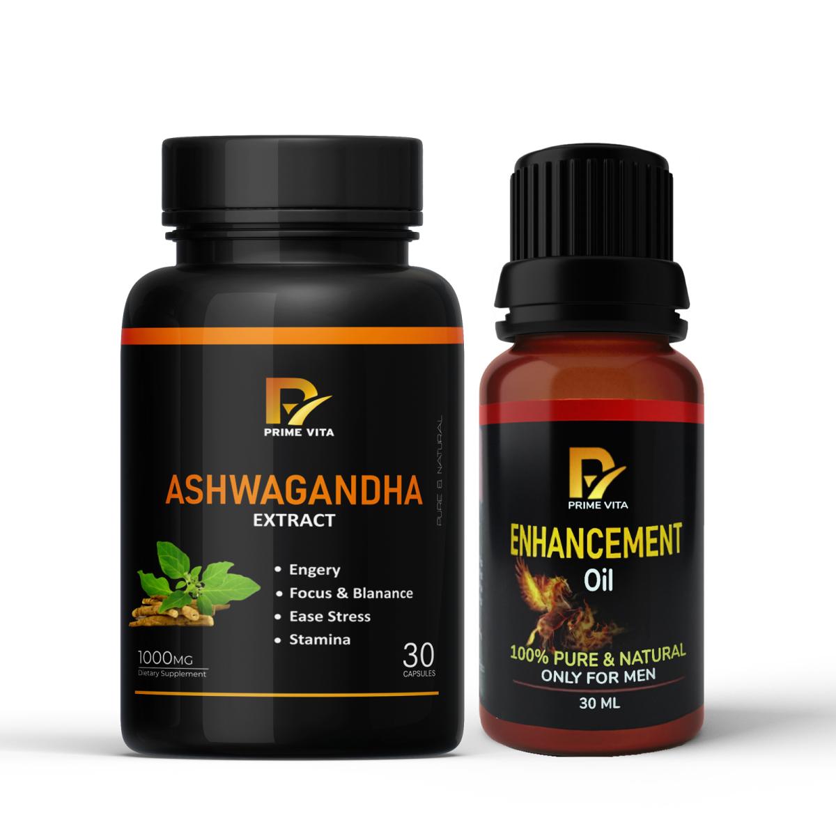 PRIMEVITA Ashwagandha Capsules 1000mg (30 Veg Caps) + Herbal Massage Oil 30ml | Natural Stress Relief, Energy, Vitality & Stamina Support for Men & Women