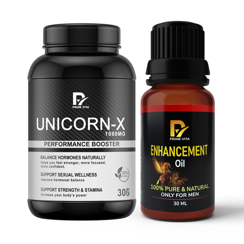 PRIMEVITA UNICORN X Combo for Men | 30 Capsules (1000mg) + Herbal Massage Oil 30ml | Complete Male Vitality & Performance Booster 