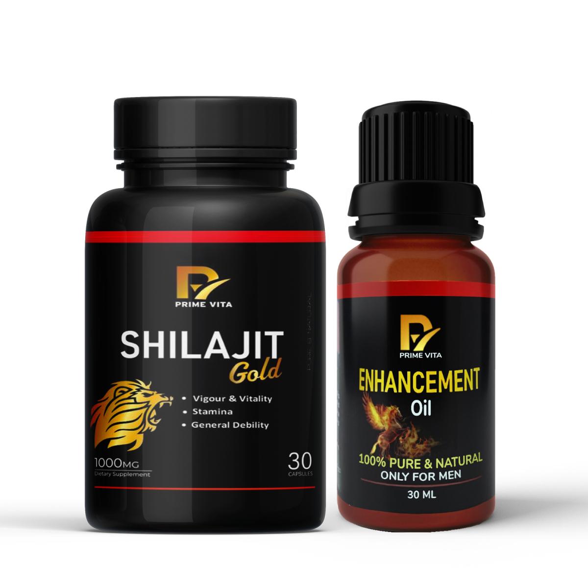 PRIMEVITA SHILAJIT GOLD Combo for Men | 30 Capsules (1000mg) + Herbal Massage Oil 30ml | Ayurvedic Stamina, Strength & Vitality Booster 