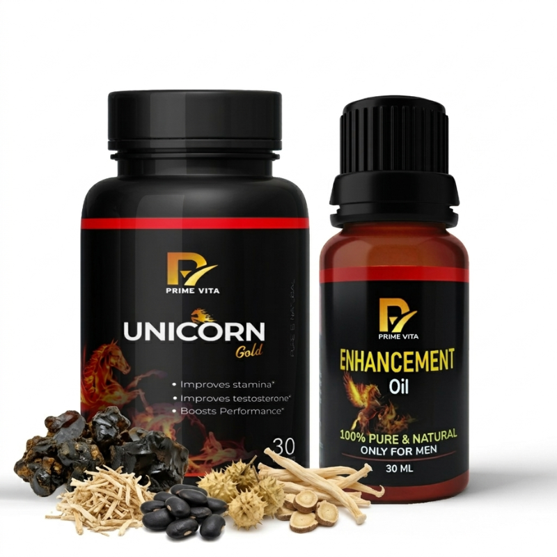 UNICORN GOLD Men’s Vitality & Performance Booster Capsules 1000mg (30 Veg Caps) + Herbal Massage Oil 30ml – Stamina, Energy, Strength & Testosterone Support Combo – Ayurvedic Male Wellness Supplement