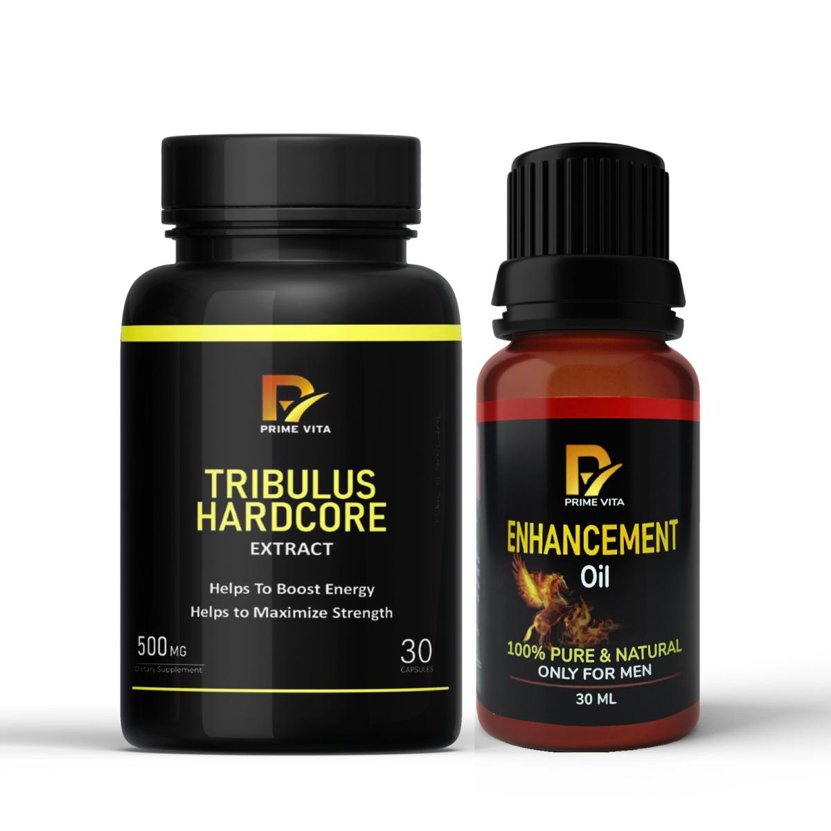 PRIMEVITA TRIBULUS HARDCORE Combo for Men | 30 Capsules (500mg) + Herbal Massage Oil 30ml | Ayurvedic Stamina, Strength & Vitality Booster 