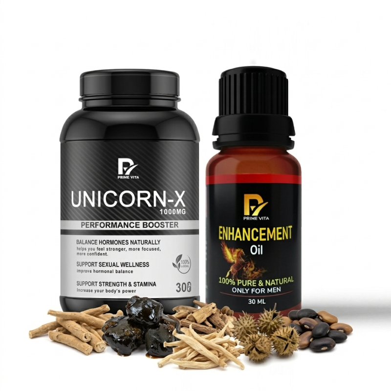 UNICORN X Men’s Vitality & Performance Booster Capsules 1000mg (30 Veg Caps) + Herbal Massage Oil 30ml – Stamina, Energy, Strength & Testosterone Support Combo – Ayurvedic Male Wellness Supplement